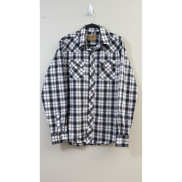 Wrangler Other - Wrangler Retro Western Shirt Black White Purple‎ Plaid Pearl Snaps Men L